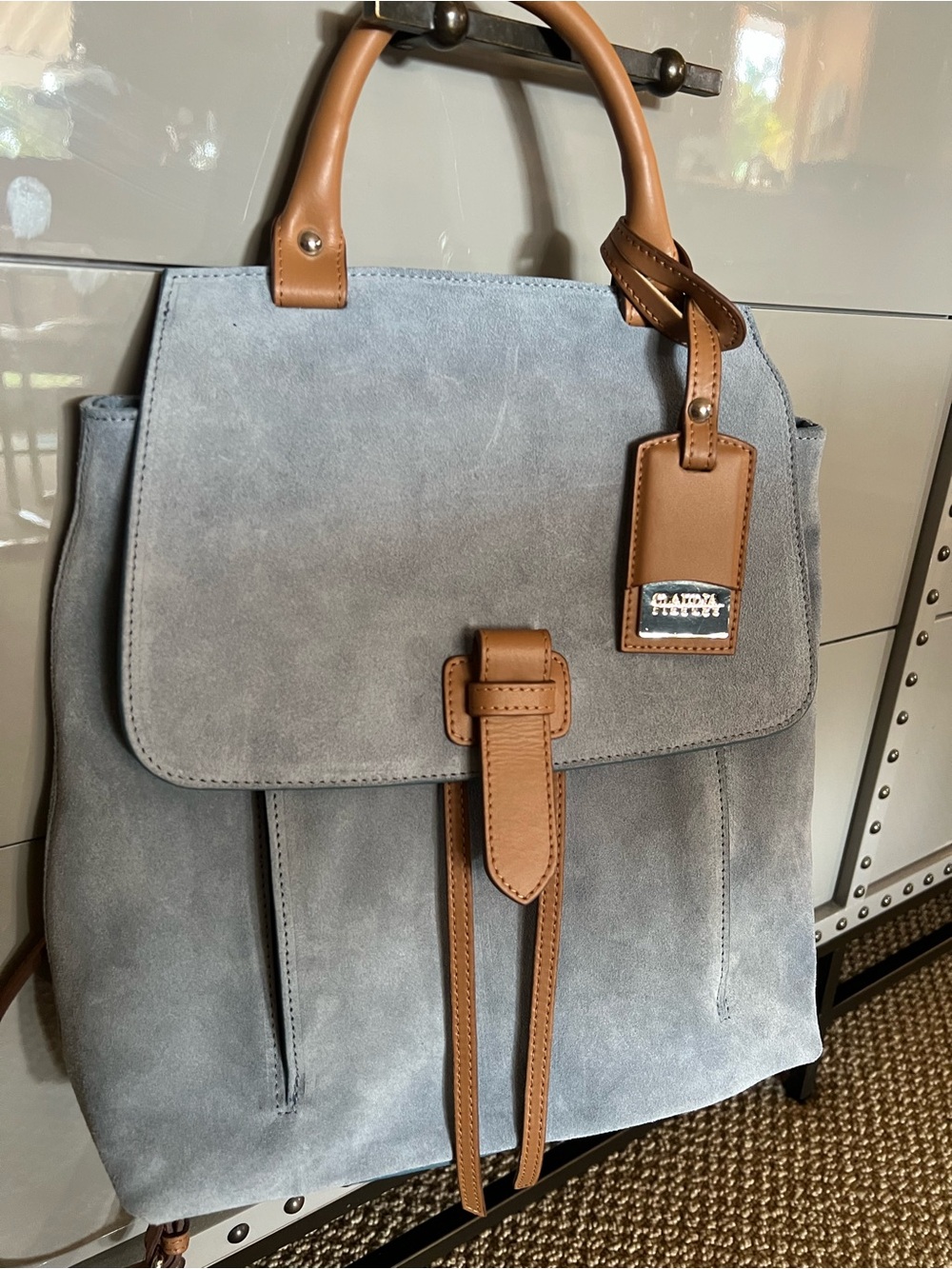Gray Suede Backpack Tote with Tan Trim -used 2 times 🩵💙
